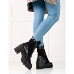 Bottes à Lacets Shelovet Pour Femmes à Talons Hauts Le Noir