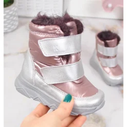 Bottes De Neige Imperméables Pour Filles Avec Membrane Velcro Kornecki 6895 Rose Argent