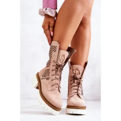 Bottes Hautes En Cuir Workers Nicole Rose 2706 Beige