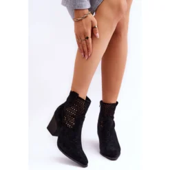 FB1 Bottes De Cowboy En Daim à Talon Pour Femmes Noires Norvella Le Noir
