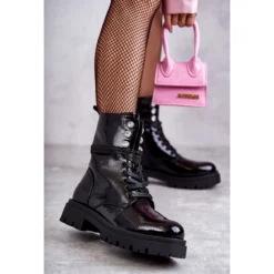 PE1 Bottes Ouvrières Laquées Femme Avec Ornements Noir Gesine Le Noir