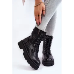 PG1 Bottes Trappeur à Lacets En Cuir Pour Femmes Noir Shanna Le Noir