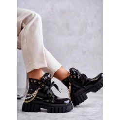 PM1 Bottes Chaudes Laquées Avec Chaîne Noir Karoline Le Noir