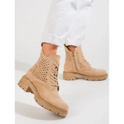 W. Potocki Bottes De Travail En Daim Ajouré Potocki Beige